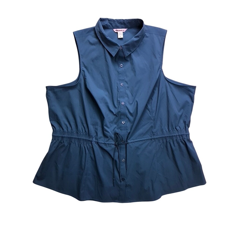 Athleta Levitate Poplin Tank Women 3X Blue Sleeveless Cinch Waist Button Down